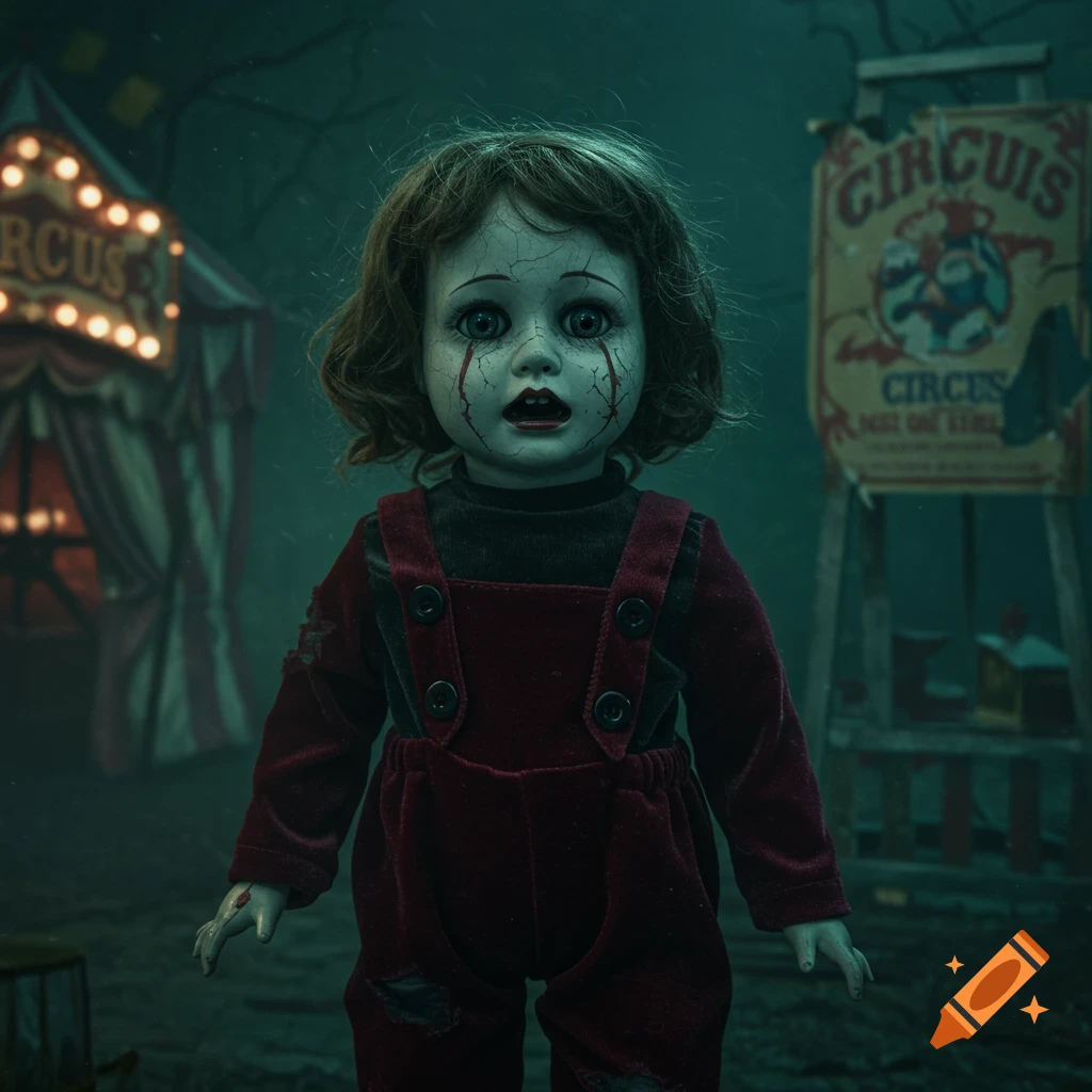 A creepy doll with a cracked face and blood-like tears stands in a dark, foggy abandoned circus with a striped tent and a poster.