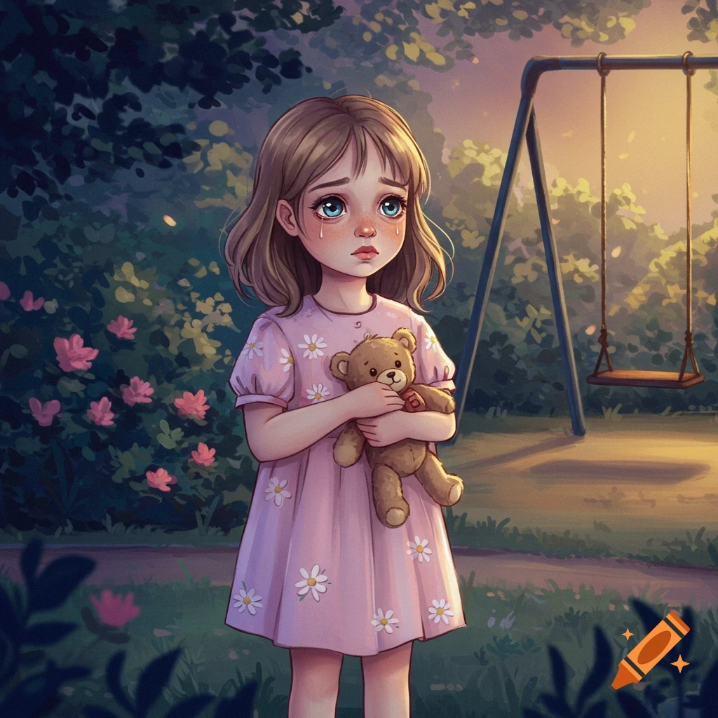 A sad little girl in a pink daisy dress cries while hugging a teddy bear in an illustrated park setting with a swing set.