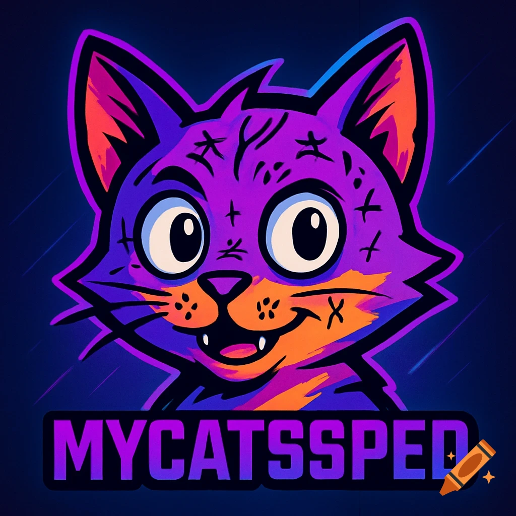 Vibrant purple cartoon cat logo with orange accents, expressive eyes, and "MYCATSSPED" text below.