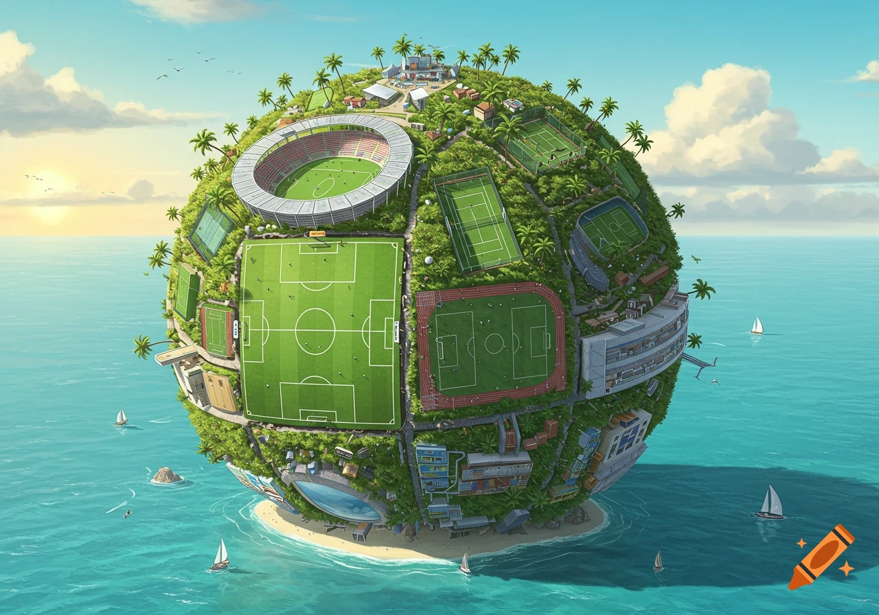 Vibrant illustration of a spherical island filled with soccer fields, tennis courts, a stadium, and buildings, floating in a blue ocean.