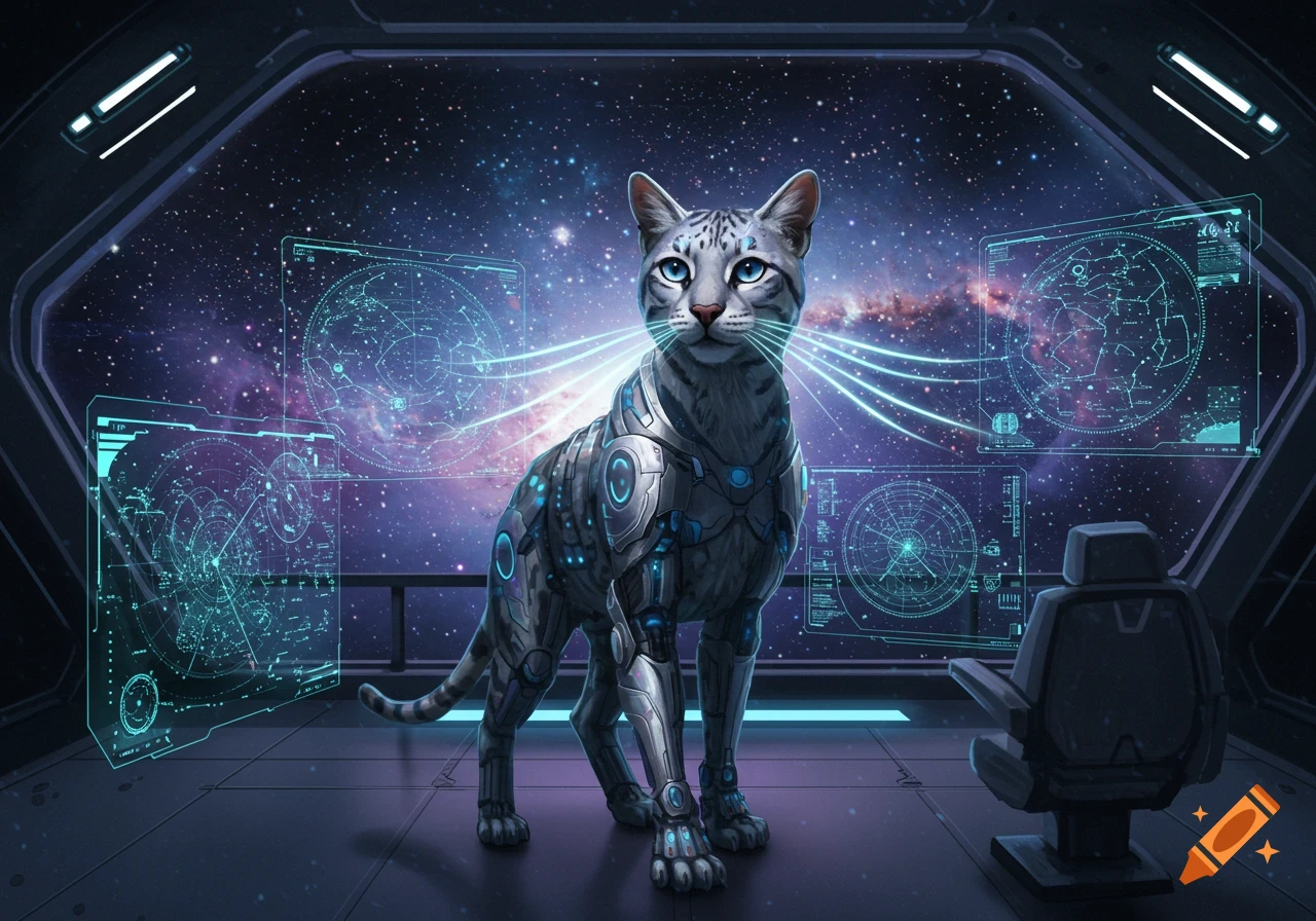 A cybernetic cat with glowing blue eyes and armor stands on a spaceship bridge, surrounded by holographic star maps.