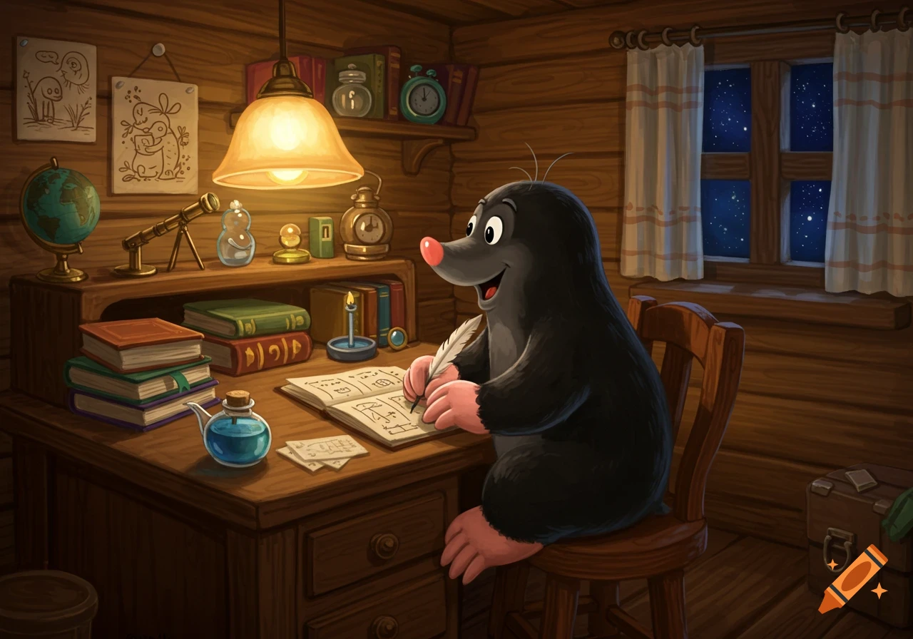 Krtek, the little mole, is happily writing in a book at his wooden study desk under a glowing lamp at night.