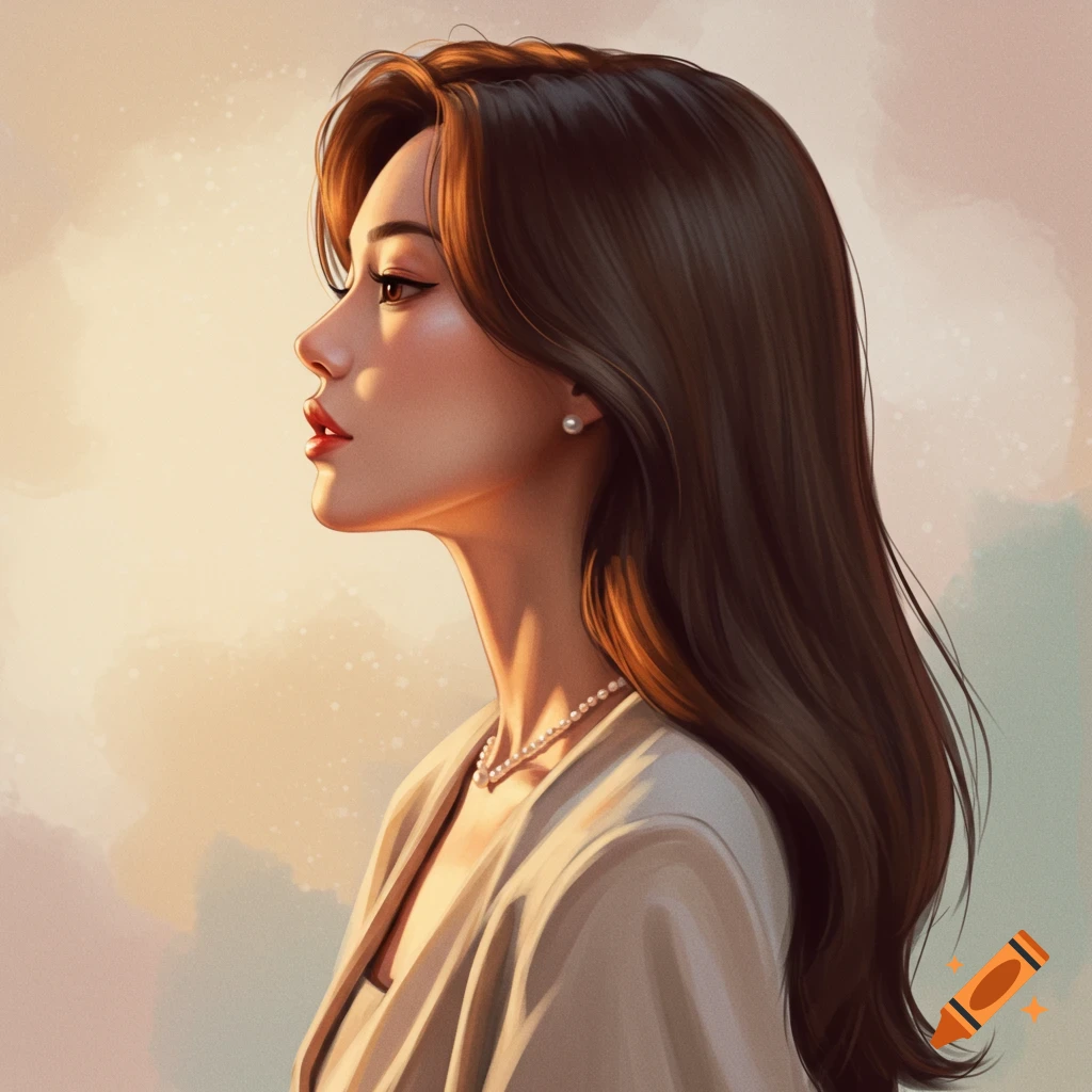 Stylized profile illustration of a woman with long brown hair, wearing pearls, looking left in soft light.