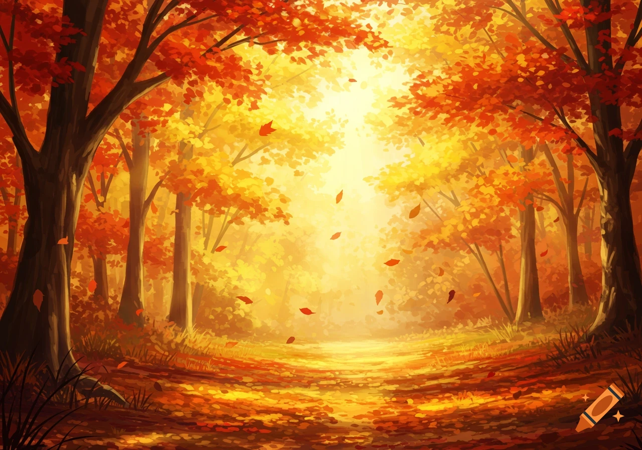 Vibrant illustration of an autumn forest path bathed in golden sunlight, with red and yellow leaves falling from trees.