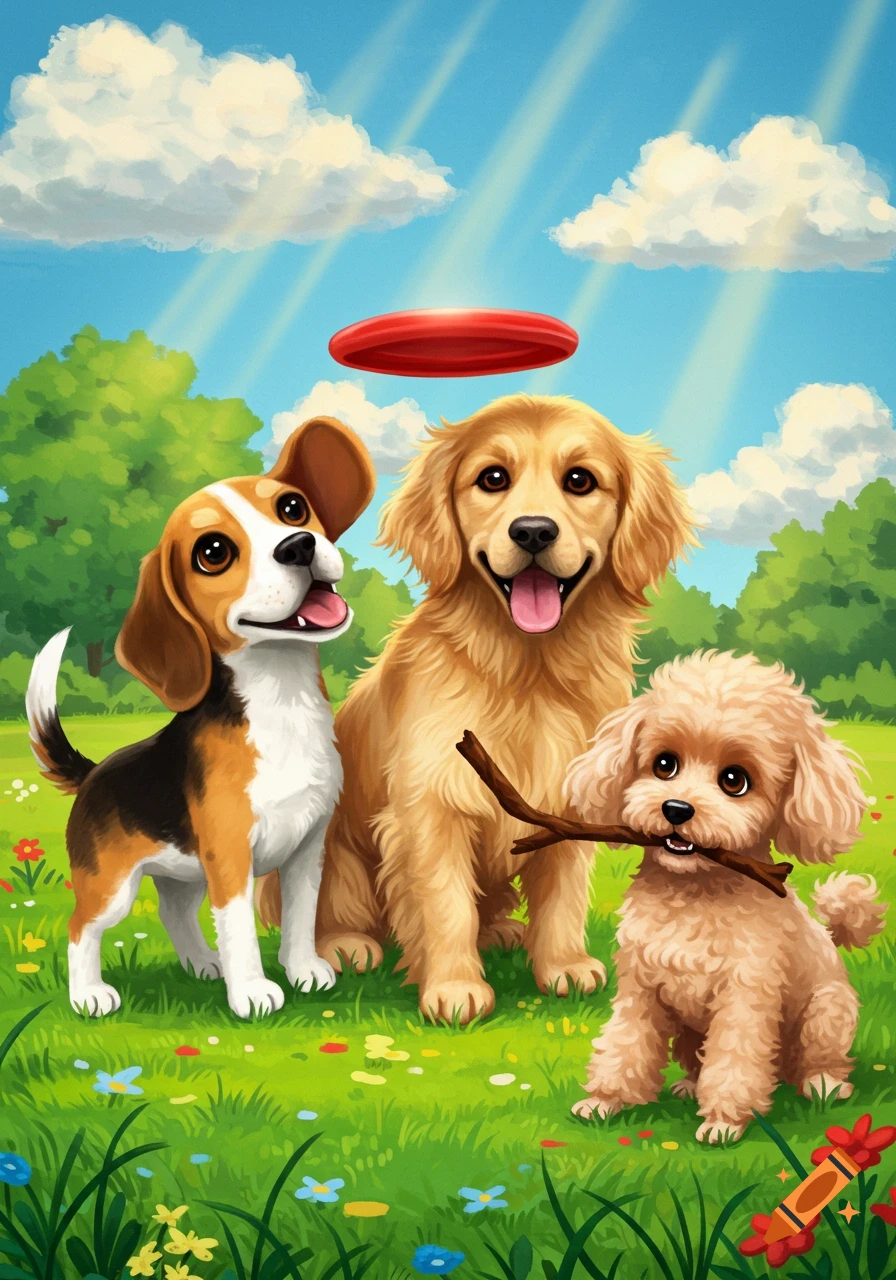 Cartoon illustration of three happy dogs: a Beagle, Golden Retriever, and Poodle, playing in a sunny park with a frisbee and stick.