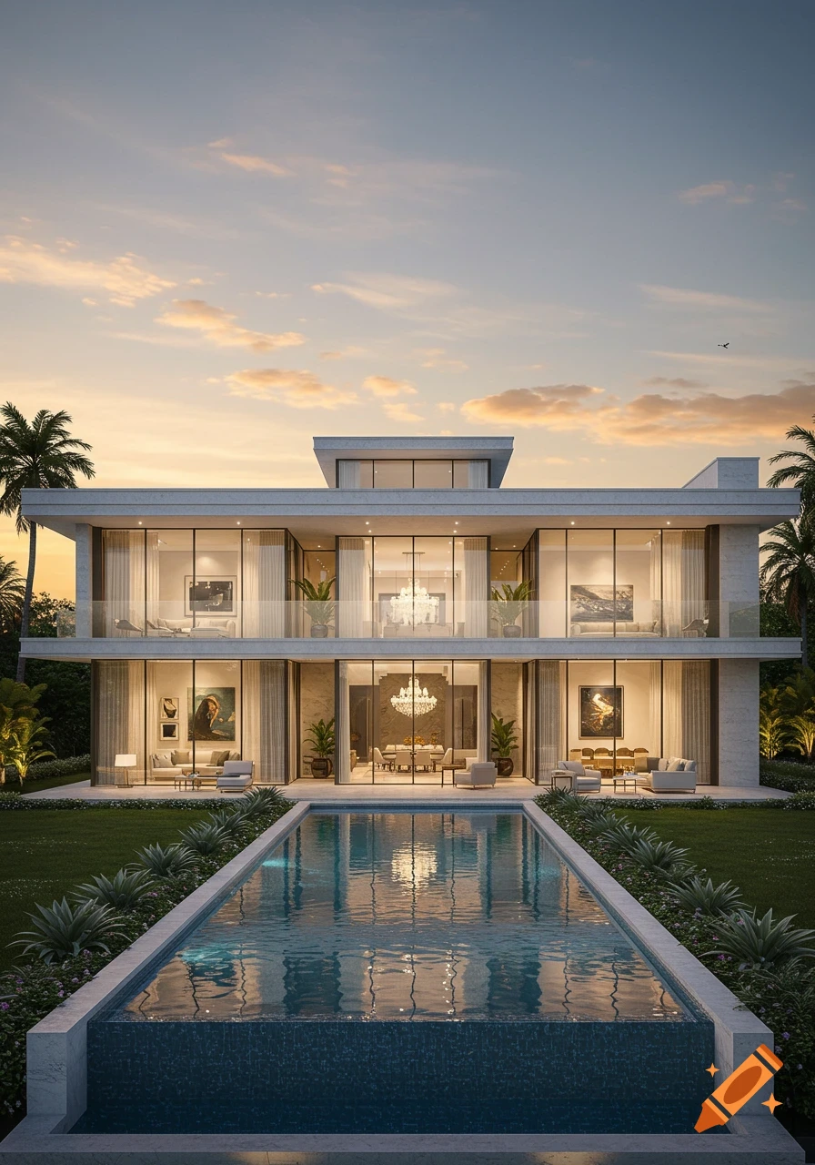Photorealistic modern mansion with glowing interiors, a long pool, and palm trees at sunset.