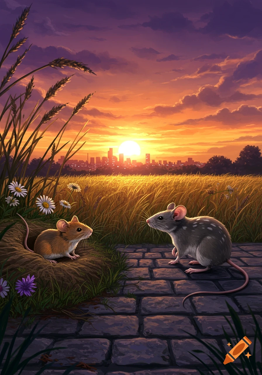 A field mouse and a city mouse face each other on a cobblestone path near a field of tall grass and a city skyline at sunset.