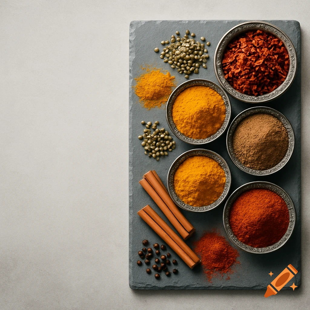 Top-down view of colorful spices, including turmeric, chili flakes, cinnamon sticks, and pepper, arranged on a gray slate board.