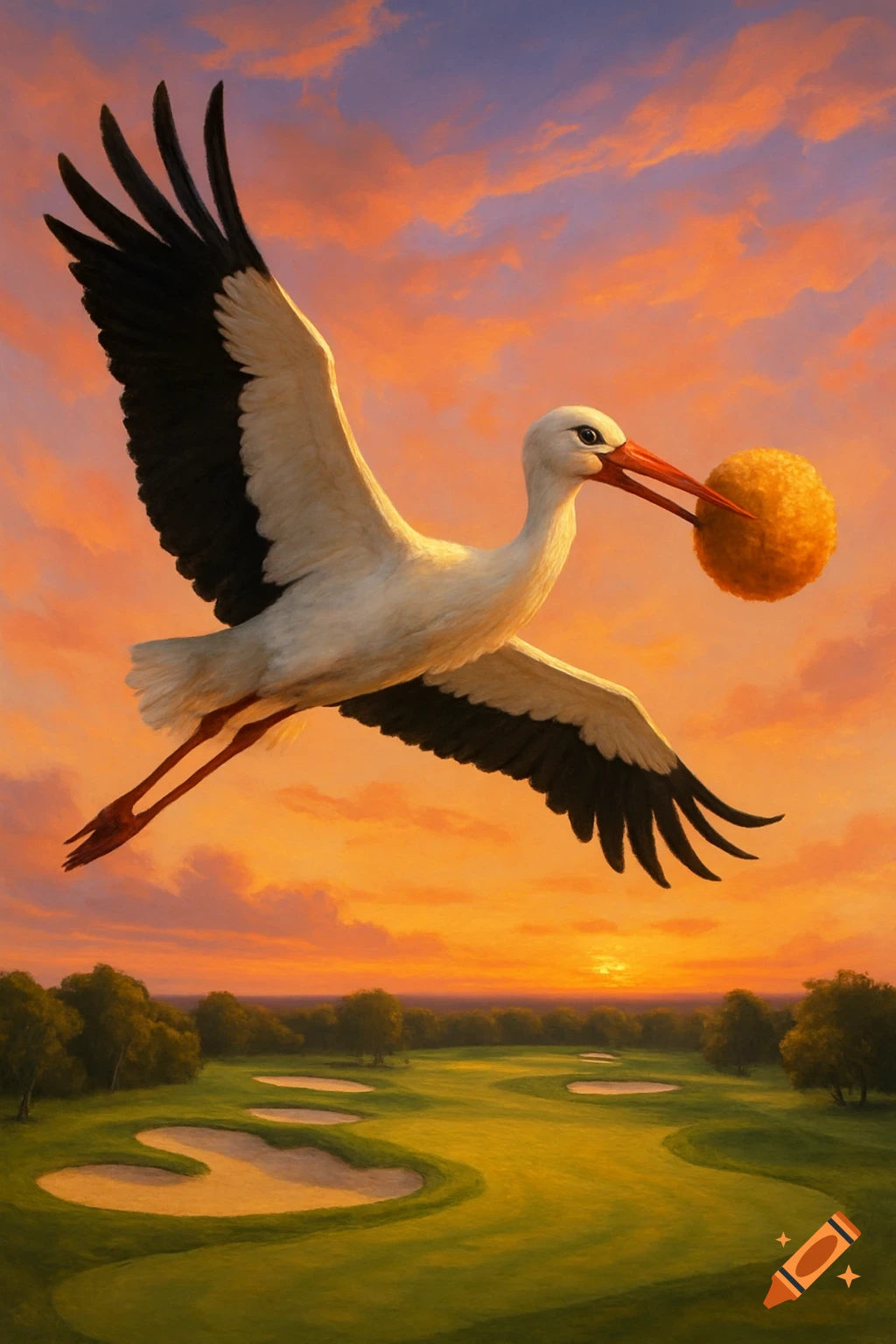 A white stork carries a golden sphere in its beak, flying over a golf course at sunset.