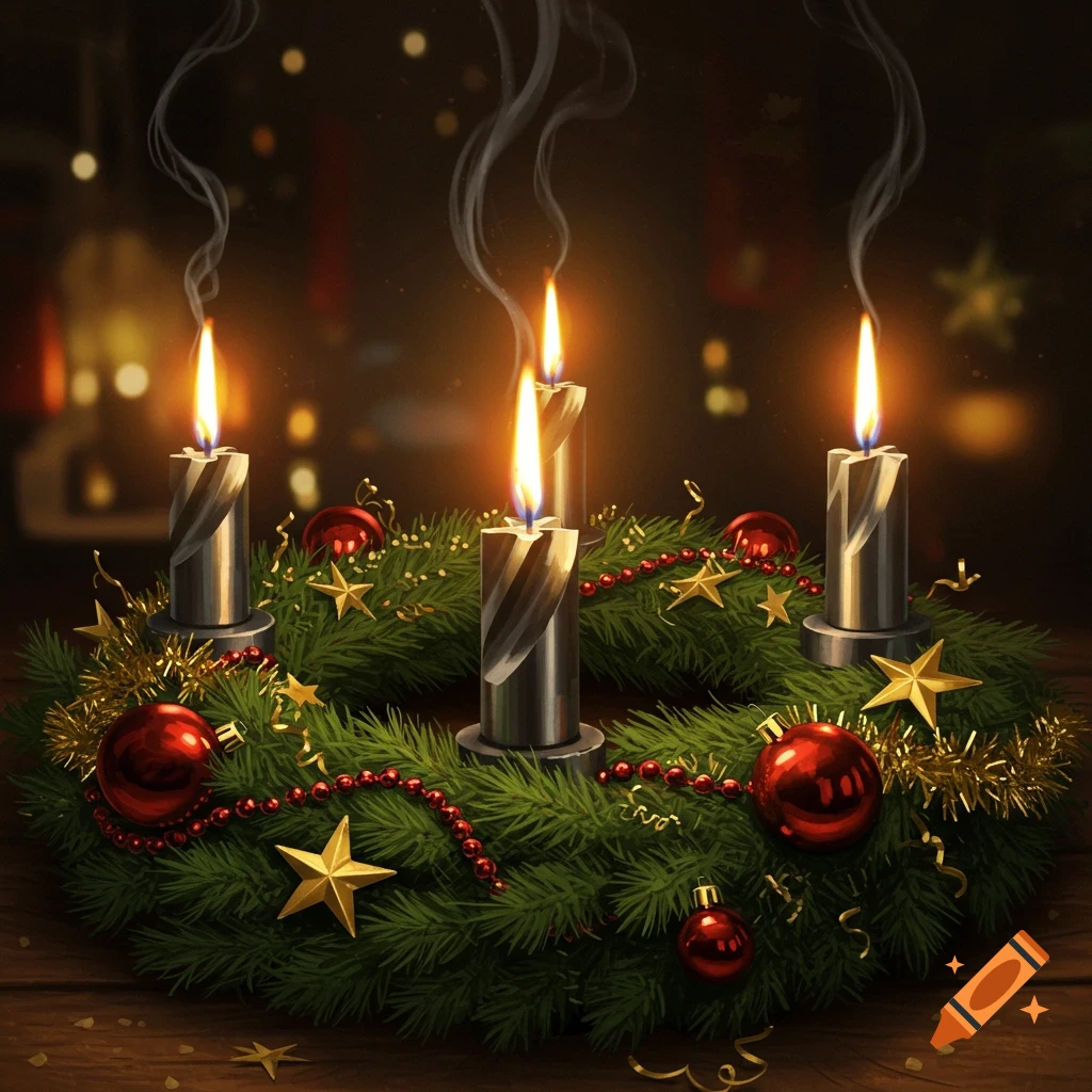 A festive Advent wreath with four lit, metallic-patterned candles, red ornaments, gold stars, and beaded garlands on a wooden table.