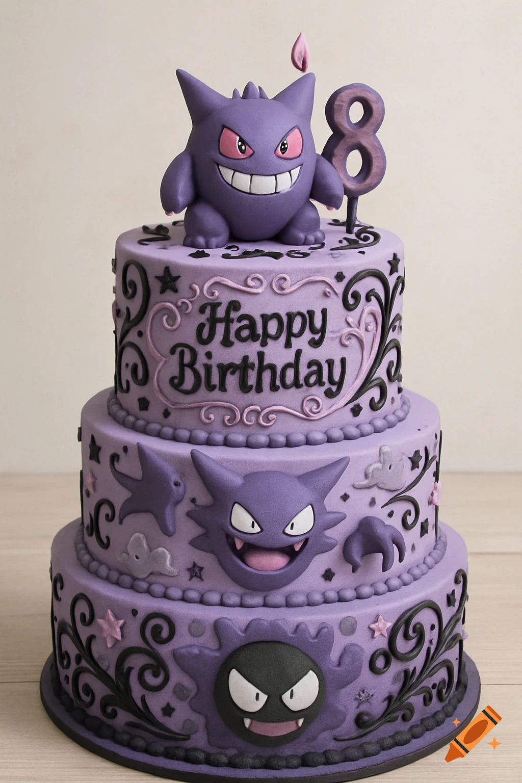 A three-tiered purple Pokemon Gengar-themed birthday cake with "Happy Birthday" text, an '8' candle, and decorated with Gastly, Haunter, and Gengar figures.
