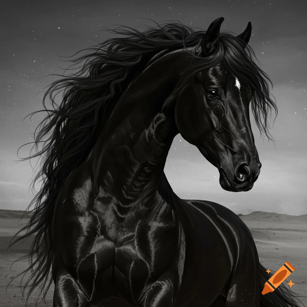 A majestic black horse with a flowing mane in a desert landscape under a starry sky, viewed in grayscale.