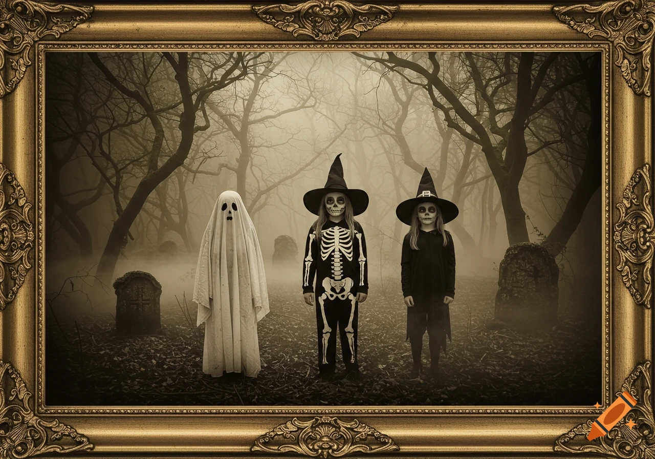 Three children in ghost, skeleton, and witch costumes stand in a foggy, sepia-toned forest with tombstones.