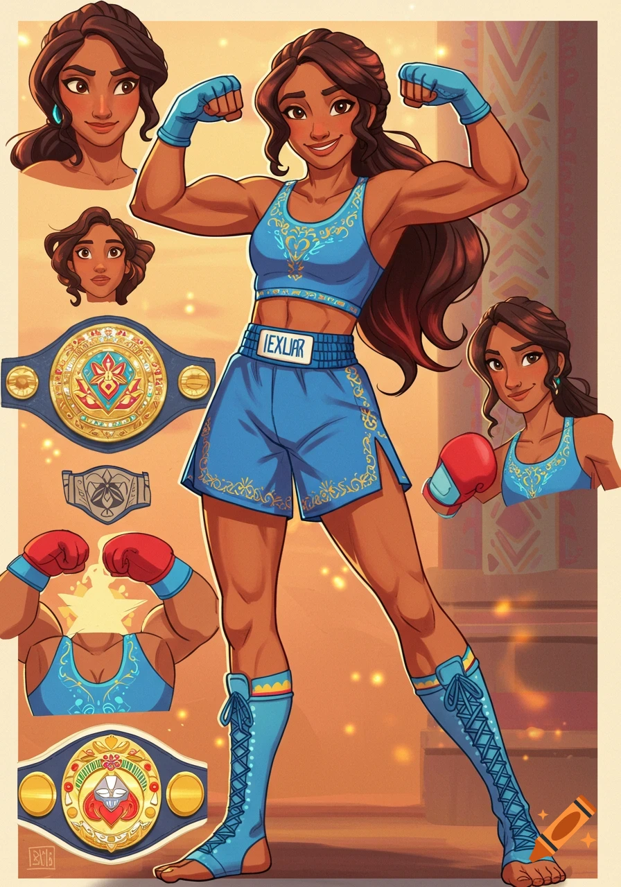 Cartoon model sheet of a dark-skinned female boxing champion in blue sportswear, flexing, with various expressions and boxing gear.