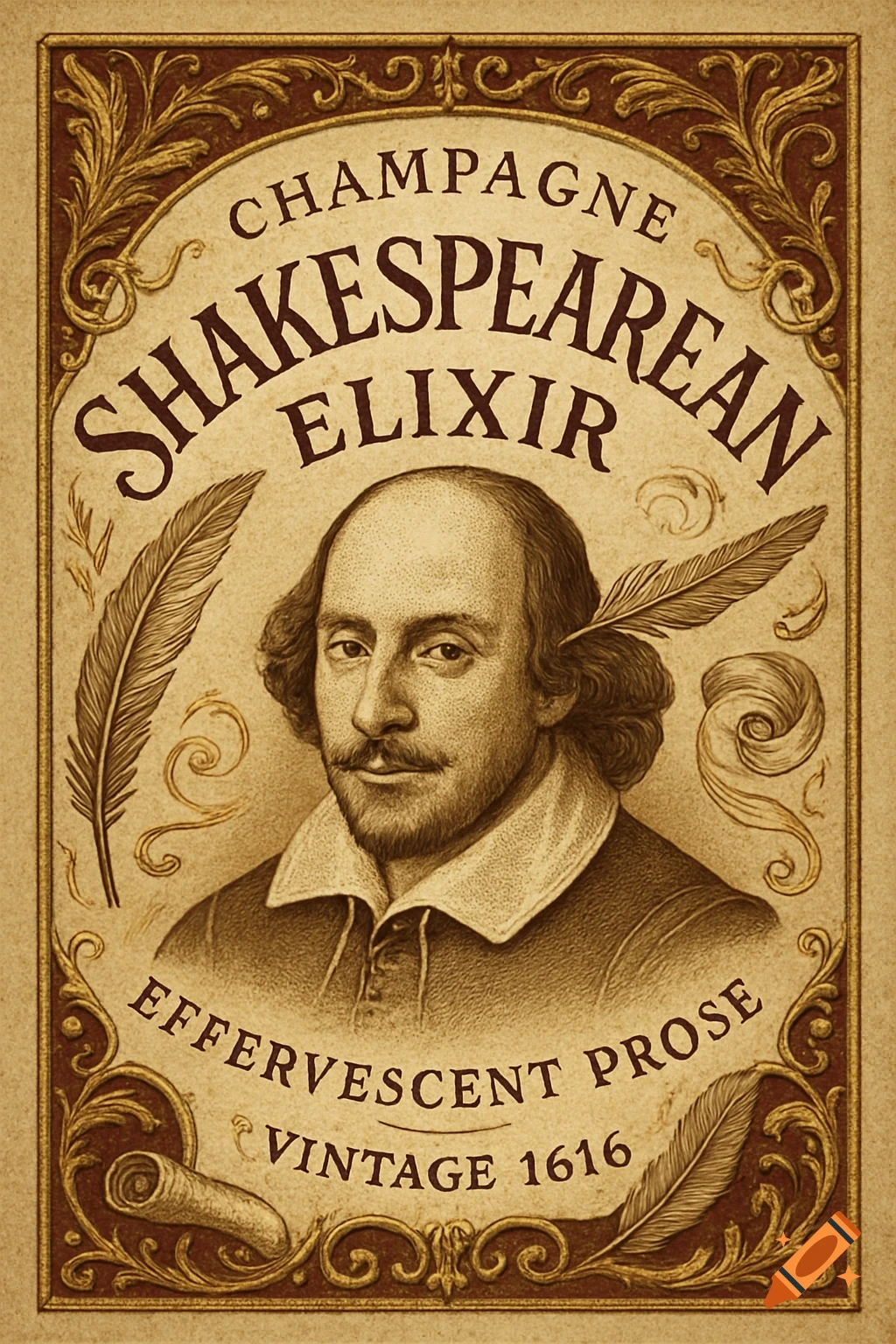 Vintage illustration of William Shakespeare on an ornate champagne label with decorative text and feathers.