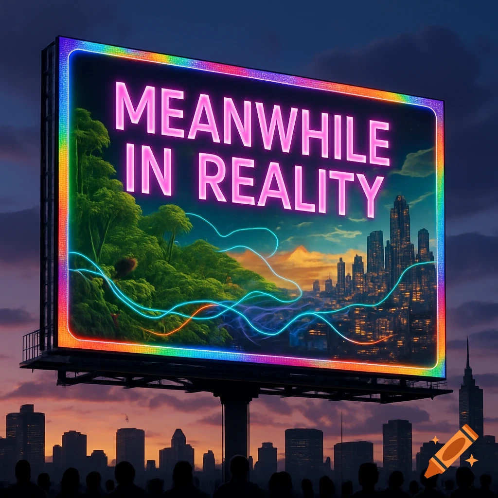 A large billboard displaying 'MEANWHILE IN REALITY' in neon pink, set against a cityscape and a lush green landscape with glowing lines, under a twilight sky.