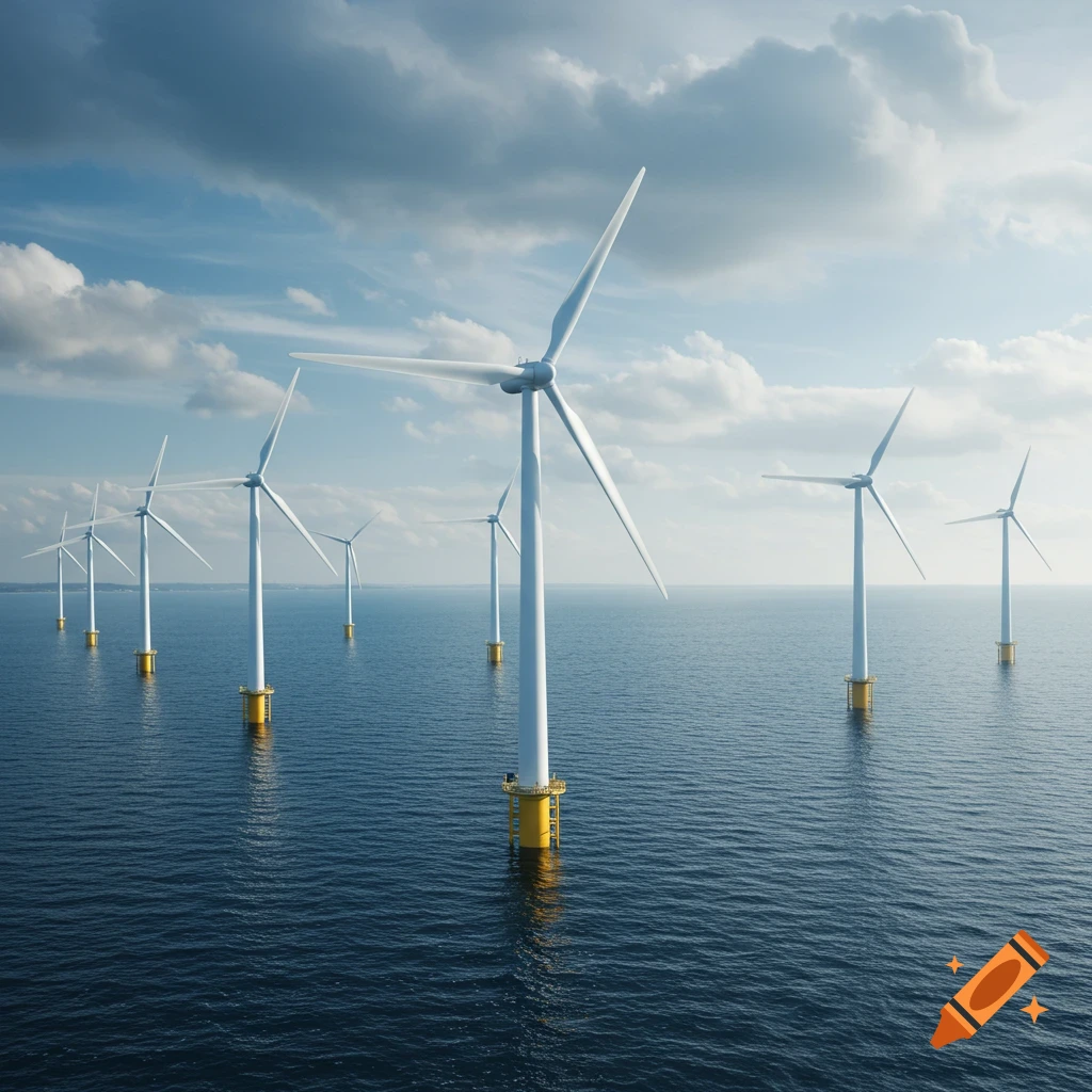 Photorealistic image of an offshore wind farm with multiple white turbines in a blue ocean under a partly cloudy sky.