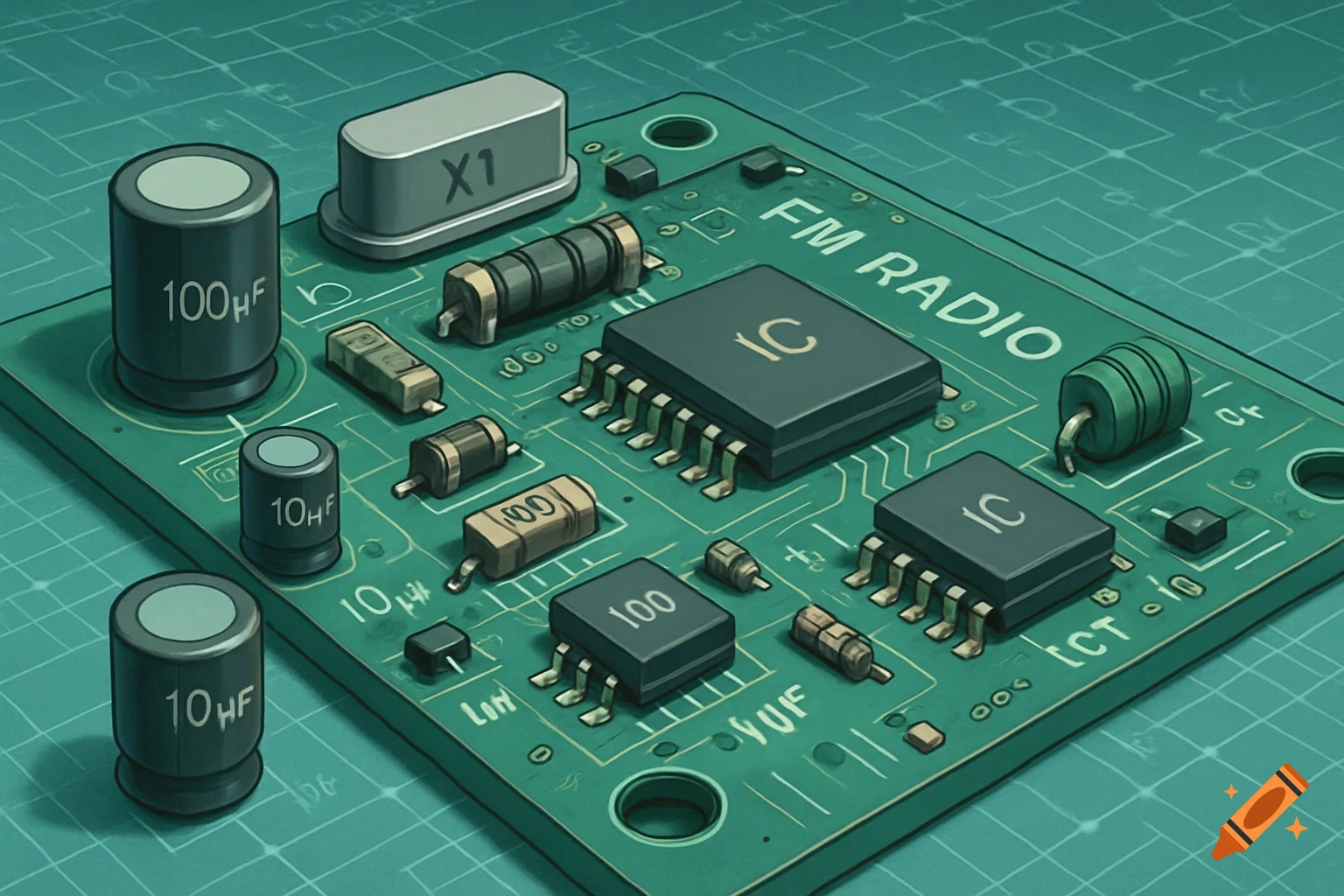 Illustration of an FM radio circuit board with various electronic components like capacitors, ICs, and resistors on a grid background.