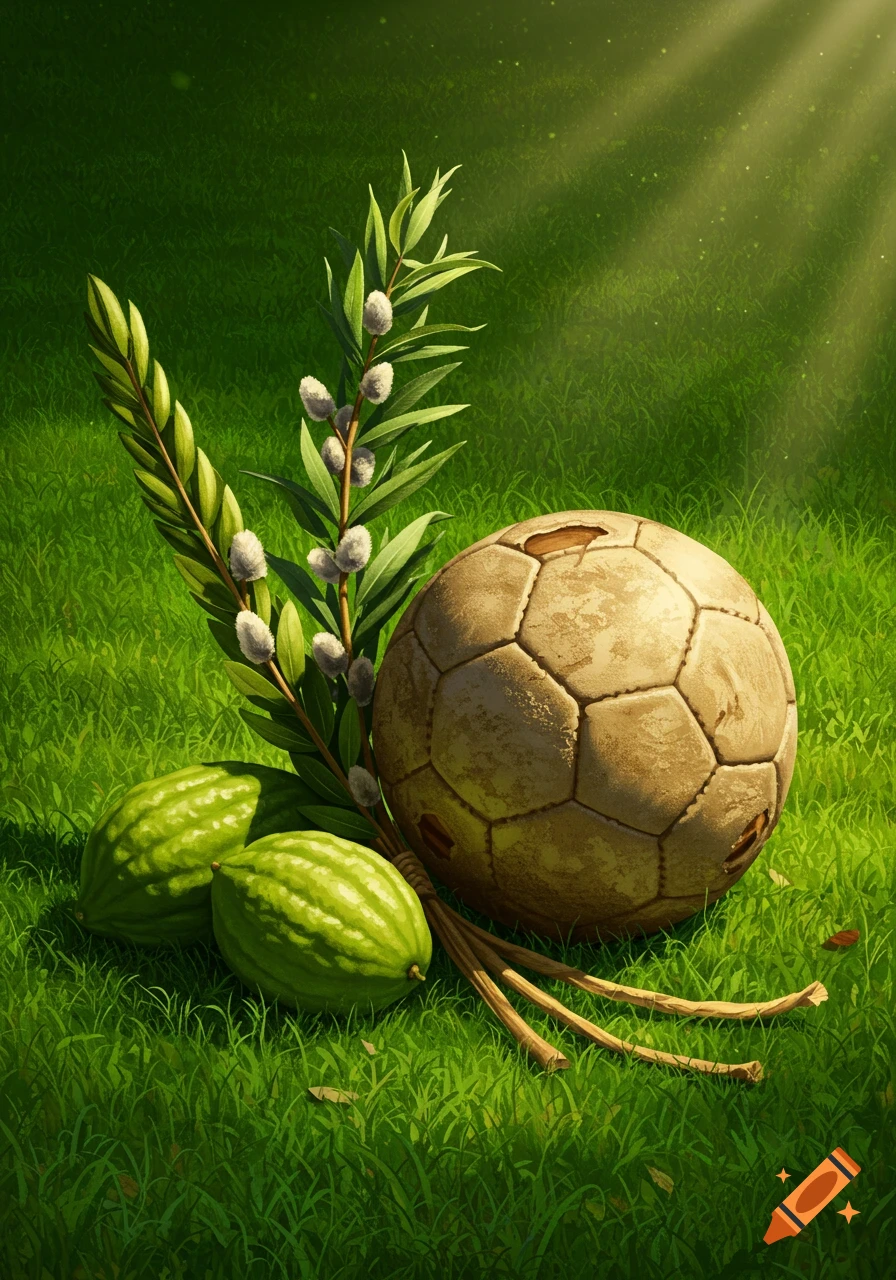 An old, worn soccer ball, pussy willow branches, and two green melons rest on lush green grass in dappled sunlight.