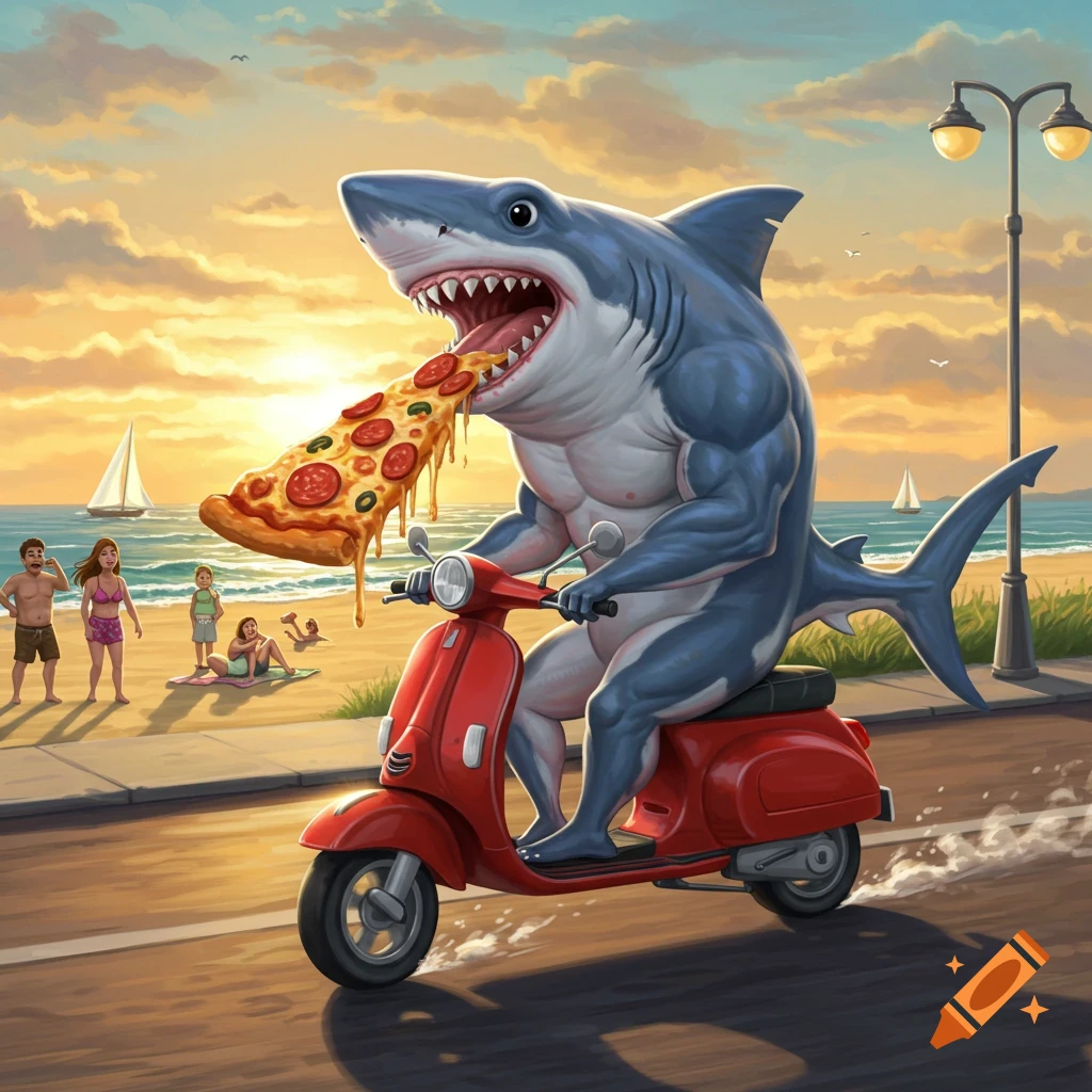 A muscular shark rides a red scooter on a beach road at sunset, devouring a large pepperoni pizza slice. Cartoon style.