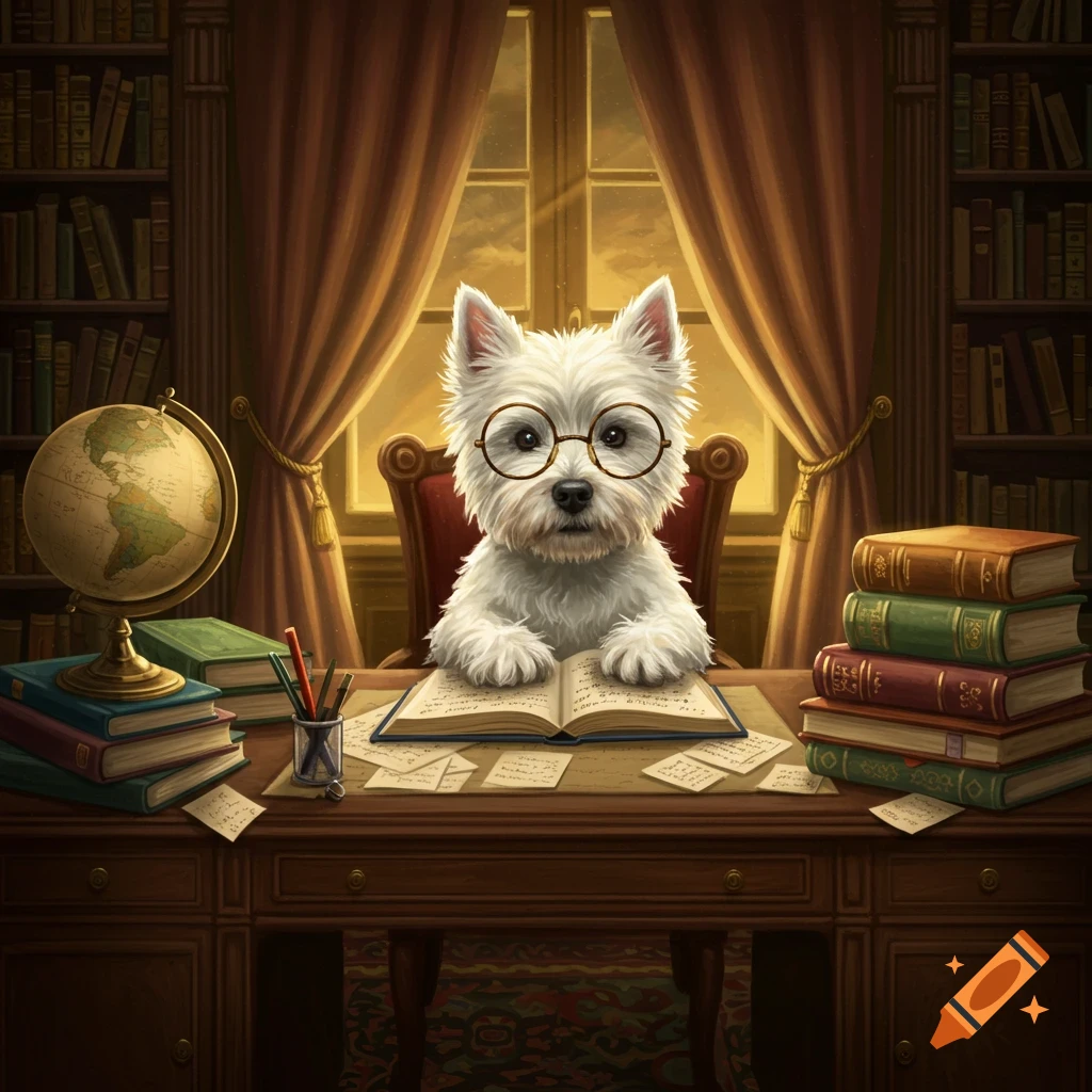 A cute white Westie dog wearing round glasses sits at a wooden desk with an open book, globe, and stacks of colorful books in a study.