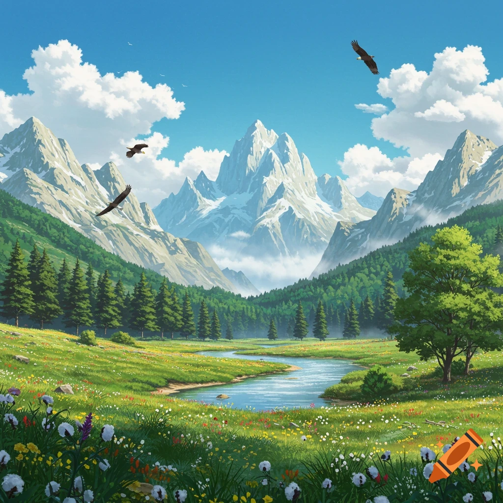 Vibrant anime-style landscape featuring snow-capped mountains, a winding river, a wildflower meadow, green forests, and eagles soaring under a blue sky.