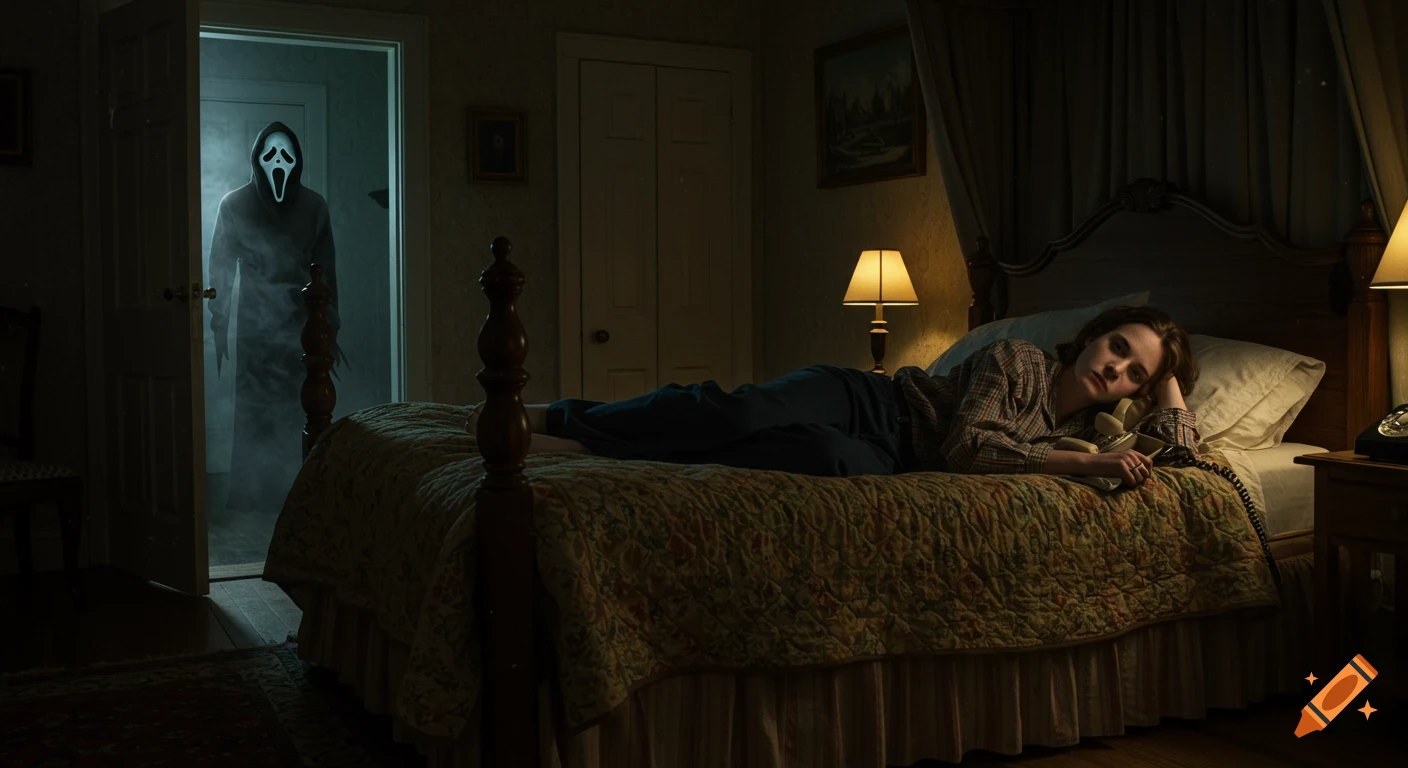 A frightened woman lies on a bed, holding an old phone as Ghostface appears in the doorway of a dimly lit bedroom.