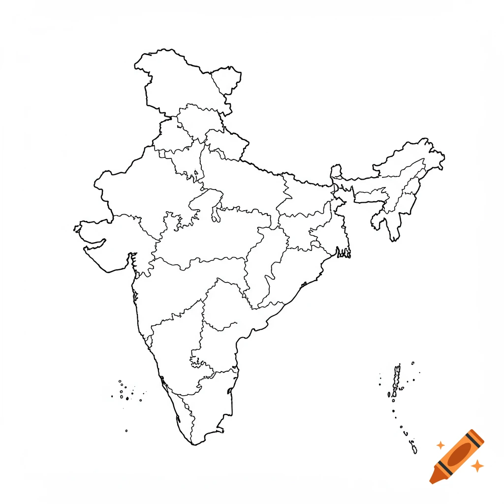 Black and white outline map of India with its state borders.