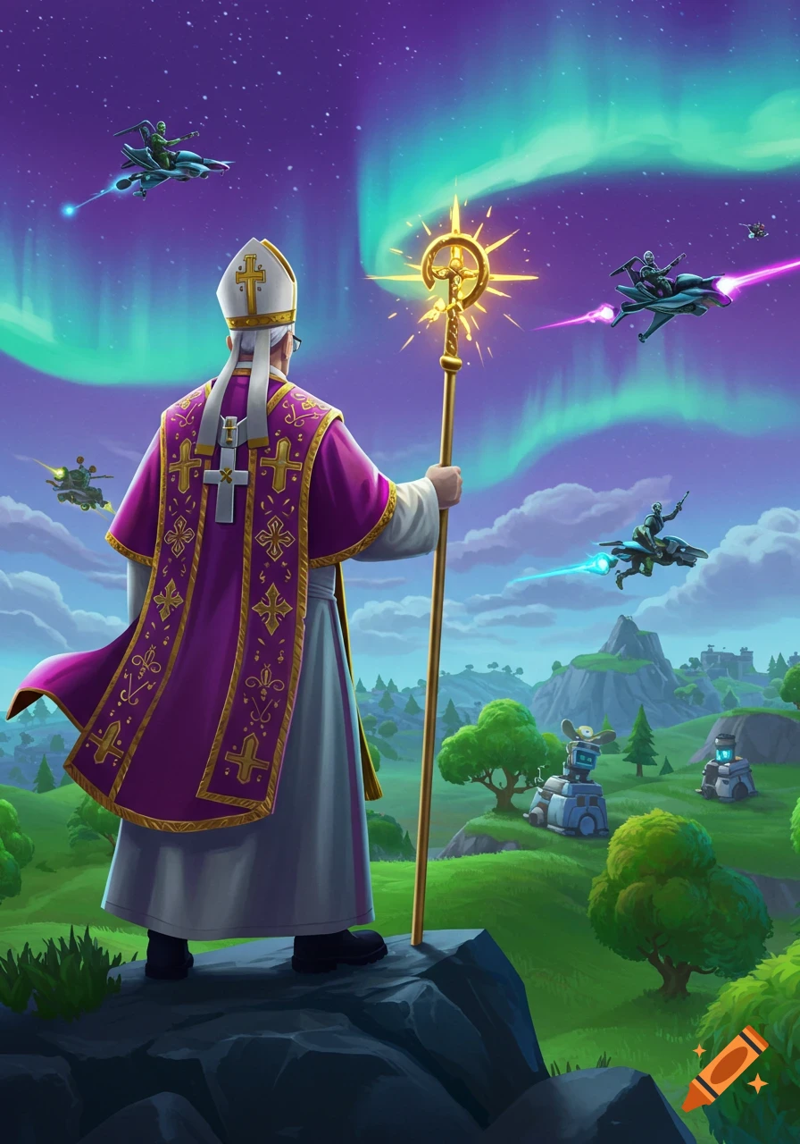 Cartoonish Pope figure on a rock overlooking a vibrant Fortnite landscape with flying hovercrafts under an aurora borealis.