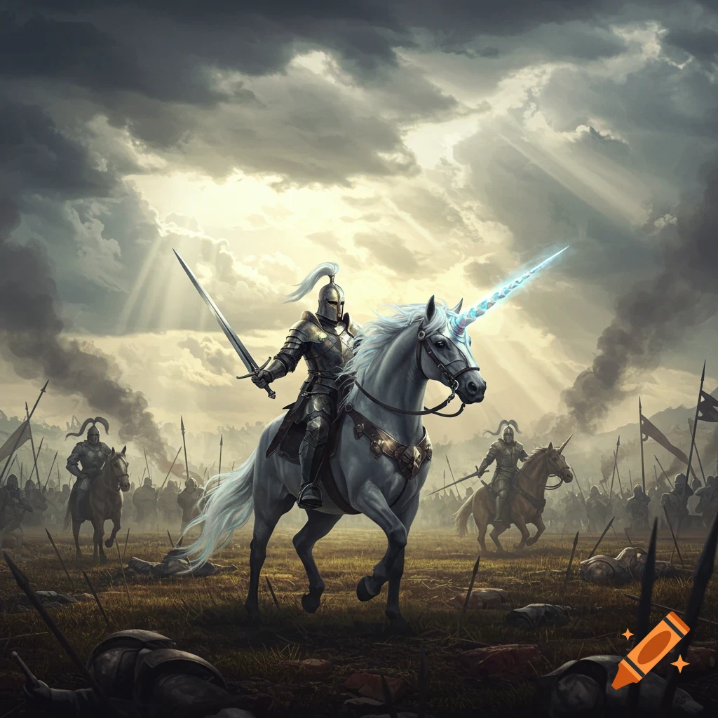 An armored knight on a majestic white unicorn with a glowing horn rides through a chaotic fantasy battlefield under a dramatic sky.