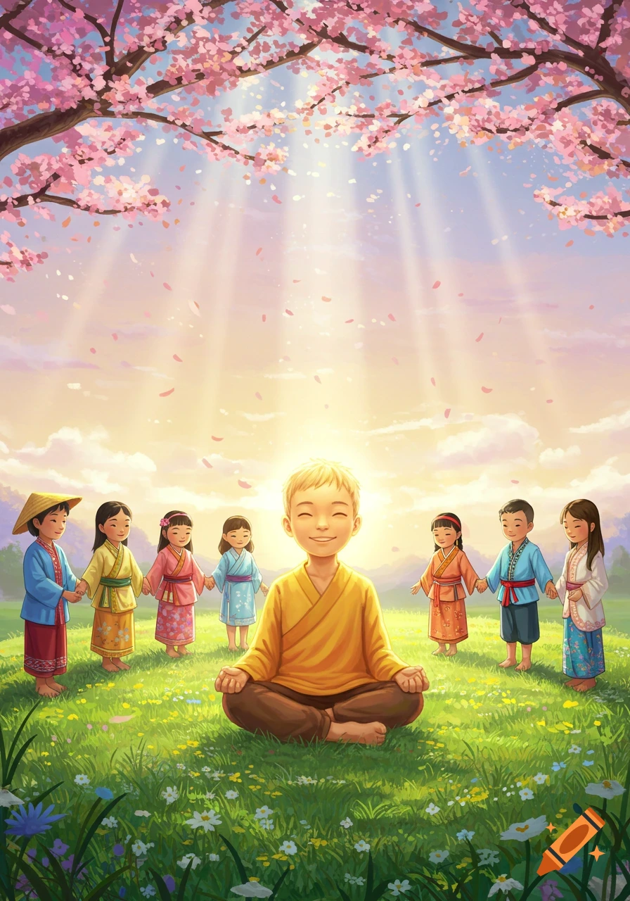 An illustration of a child meditating in a grassy field, surrounded by other children holding hands under cherry blossom trees.