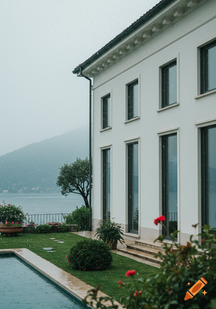 Modern white house with tall windows on a lake, featuring a lush garden and swimming pool during a rainy, misty day.