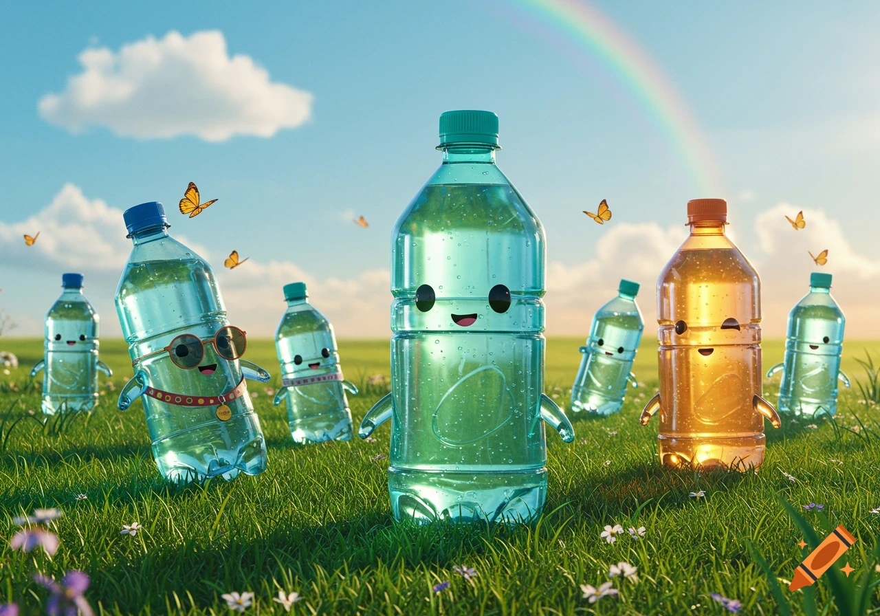 Anthropomorphic plastic water bottles with smiling faces and tiny limbs stand in a lush green field under a rainbow, with butterflies.