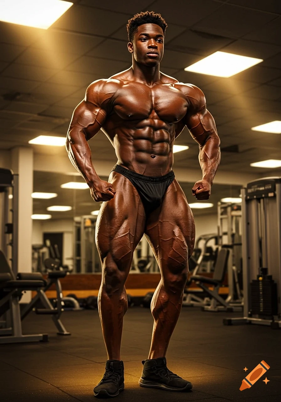 A muscular Black male bodybuilder in a posing trunk flexes in a brightly lit gym.