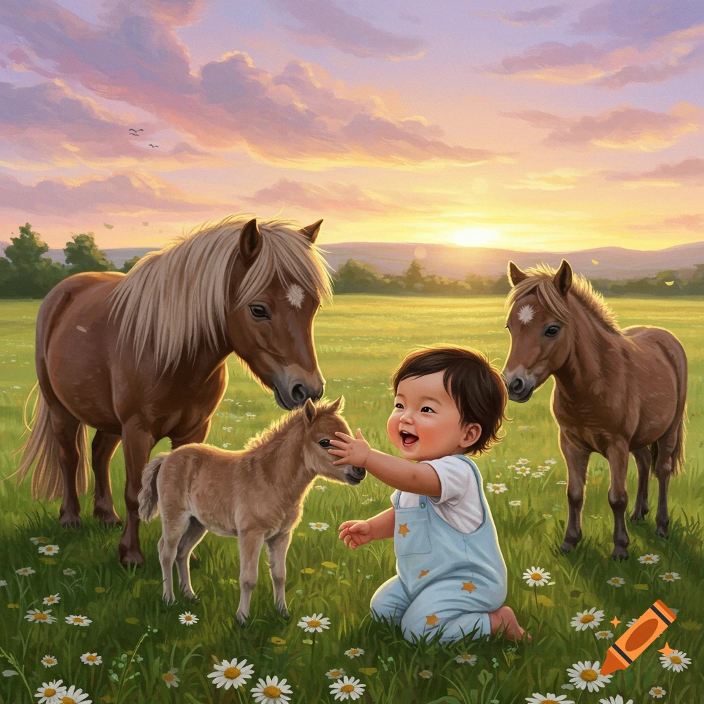 A joyful baby kneels in a field of daisies, touching a small foal. Two adult horses stand nearby at sunset in a vibrant, animated style.