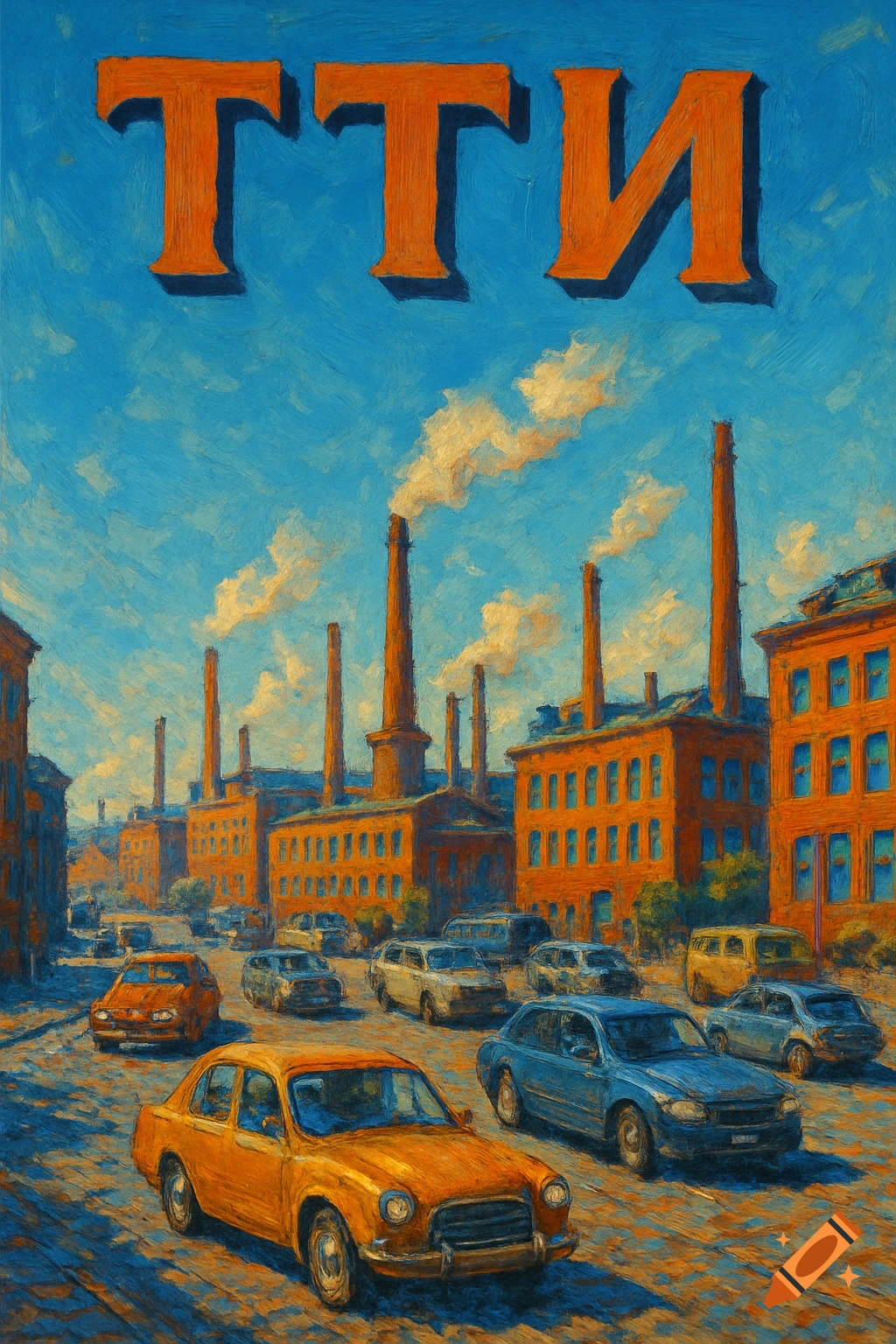 An oil painting of a busy Russian-style street scene with cars, factories with smoking smokestacks, and the text 'ТТИ' in bold orange letters at the top.