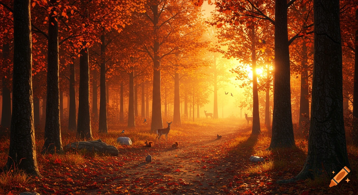 A realistic autumn forest path at sunset, bathed in golden light, with fallen orange leaves, deer, squirrels, and birds.