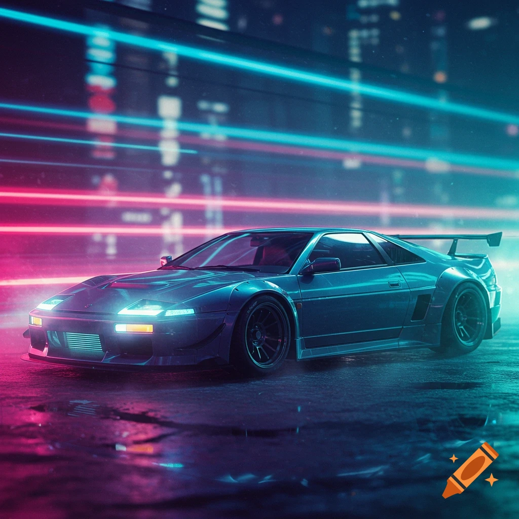 A sleek blue sports car is parked on a wet street at night, illuminated by vibrant pink and blue neon lights from city buildings.