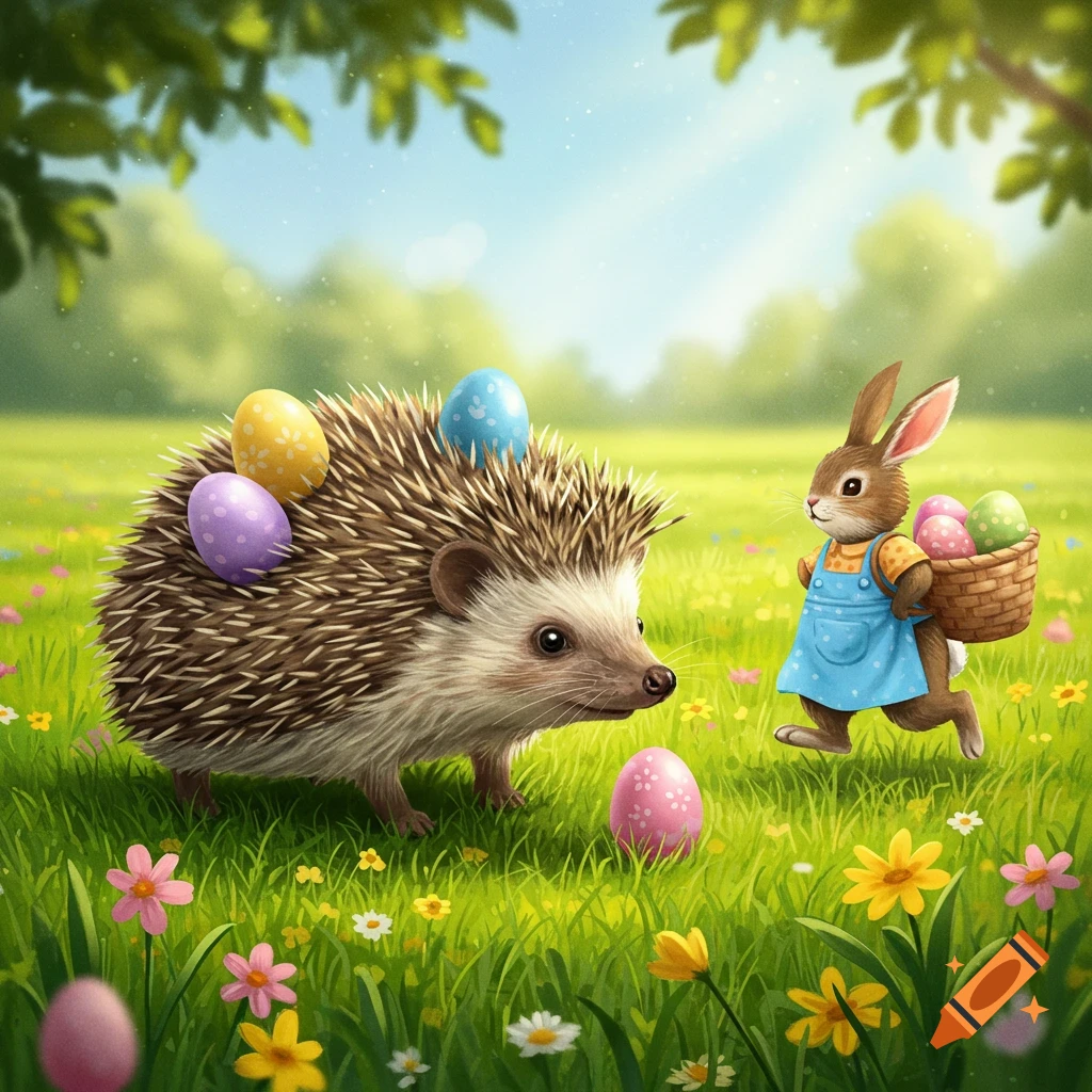 A cute hedgehog with colorful Easter eggs on its quills watches a bunny carrying an egg basket through a flower-filled meadow.