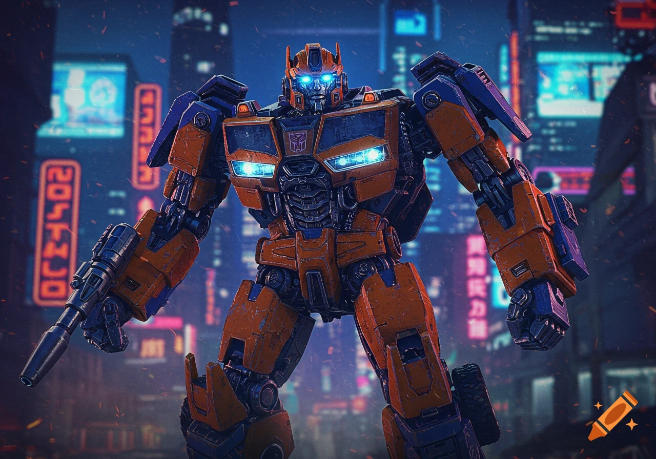 Huffer, a blue and orange Transformer robot, stands in a futuristic, neon-lit cyberpunk city at night, holding a gun.