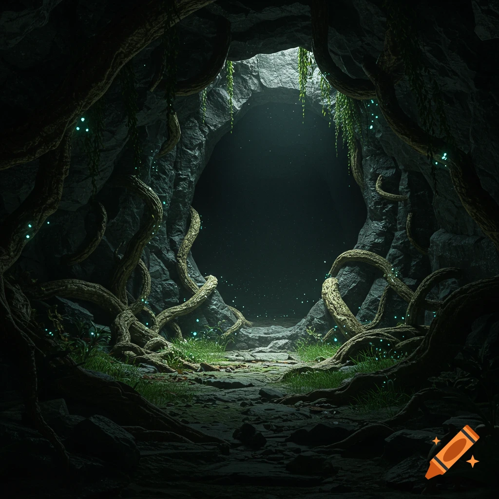 Dark, ominous cave opening with thick roots, vines, and glowing turquoise flora on rocky walls and ground.