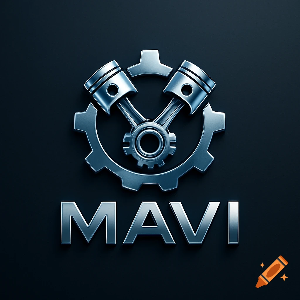 Metallic logo with two pistons inside a gear, above the word MAVI, on a dark background.