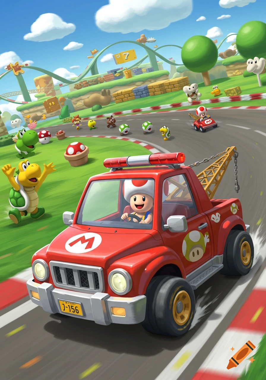Toad drives a red tow truck on a Mario Kart race track with other characters like Koopa Troopa and Yoshi cheering from the side.