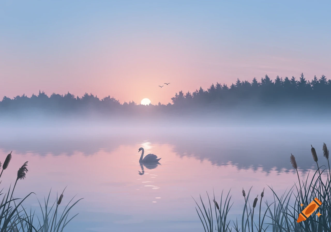 A lone swan glides on a serene, misty lake at sunrise, with silhouetted trees and reeds under a pastel sky.