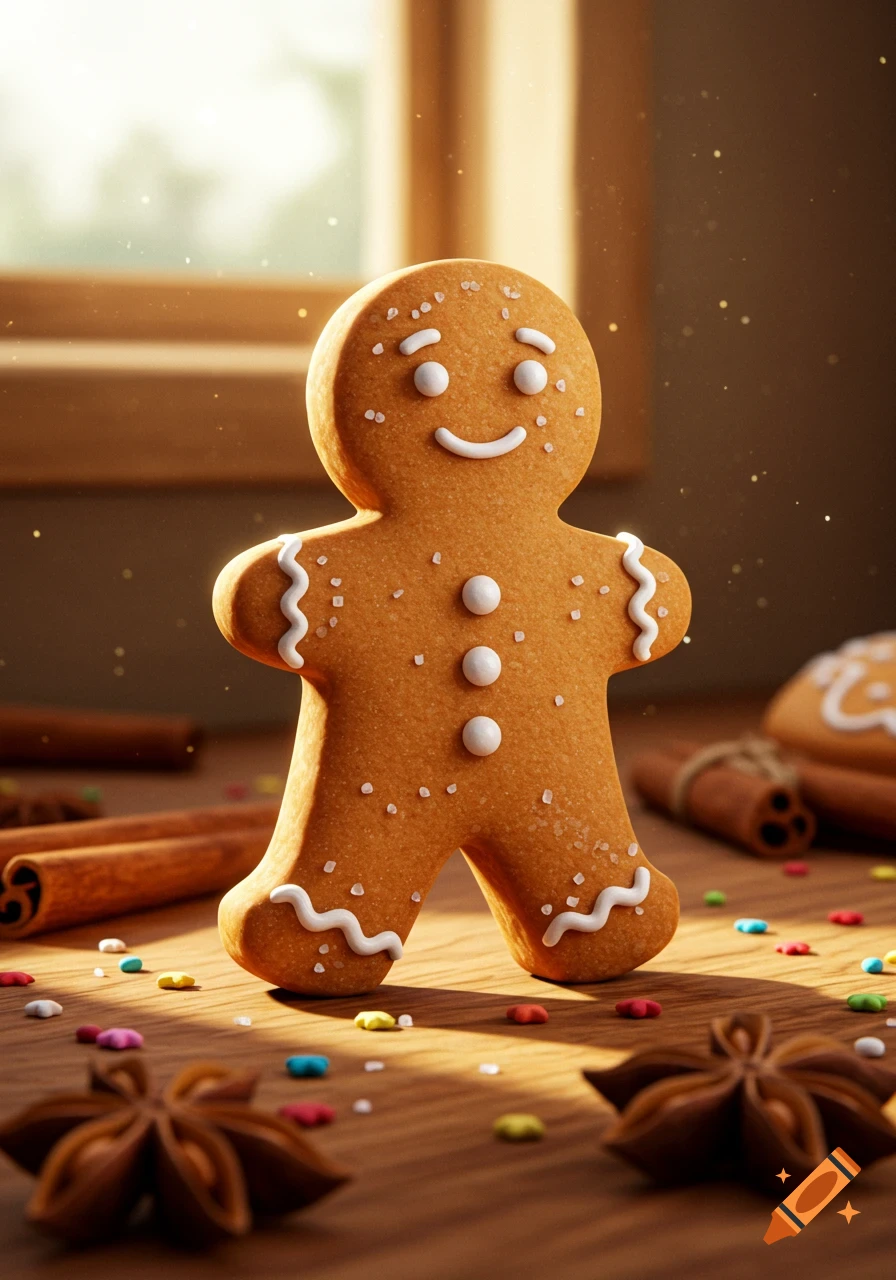 A cute, realistic gingerbread man cookie, decorated with white icing and sprinkles, stands on a wooden table with cinnamon sticks and star anise.