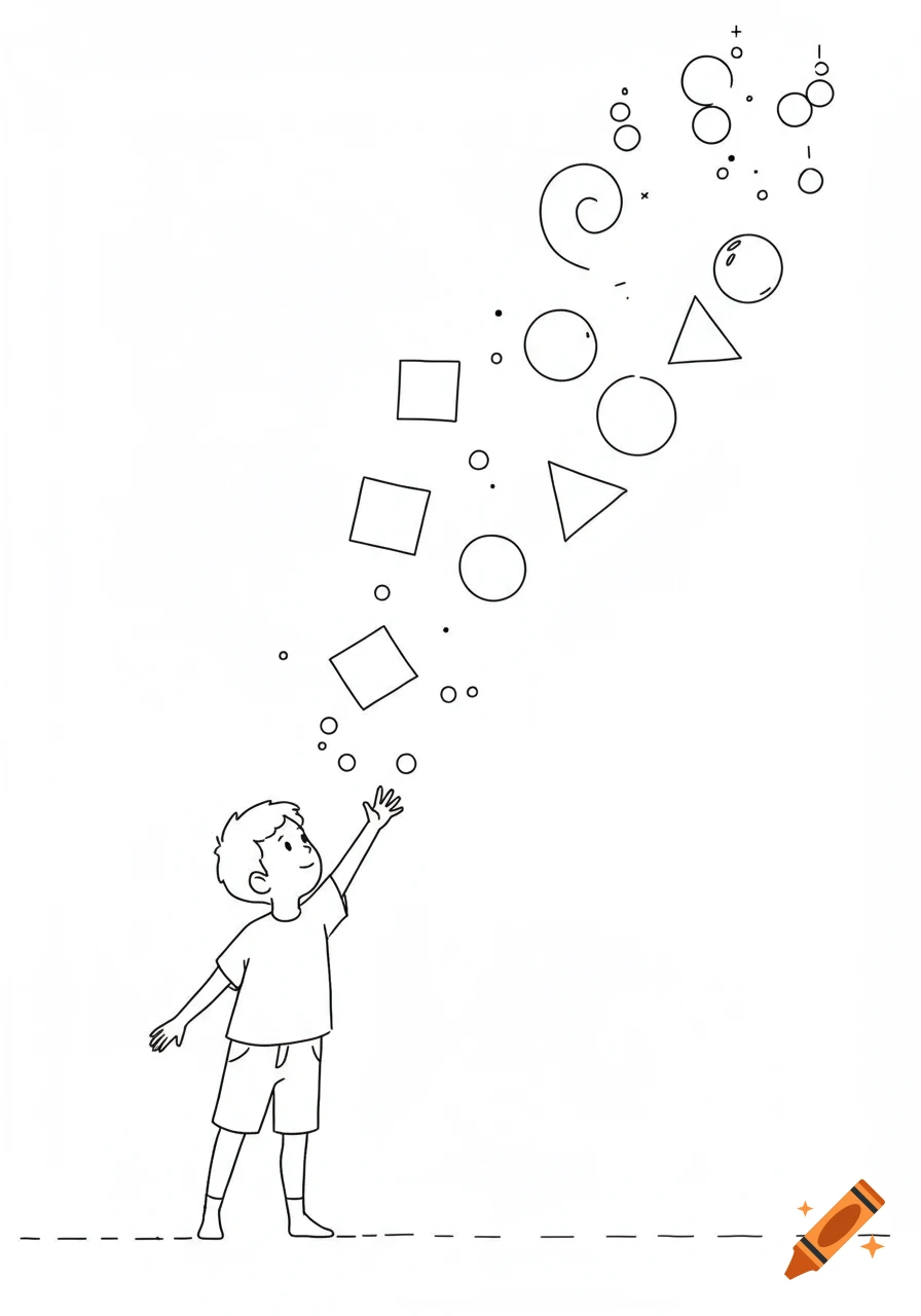 Simple black line art of a child reaching towards floating circles, squares, triangles, and abstract symbols.