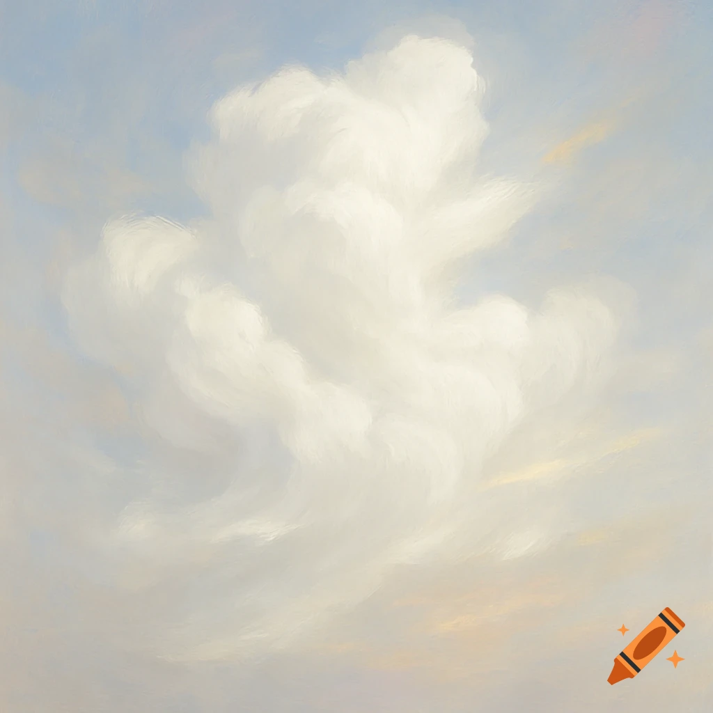 A large, fluffy white cumulus cloud against a soft blue and pale yellow sky, painted in broad, impressionistic brushstrokes.