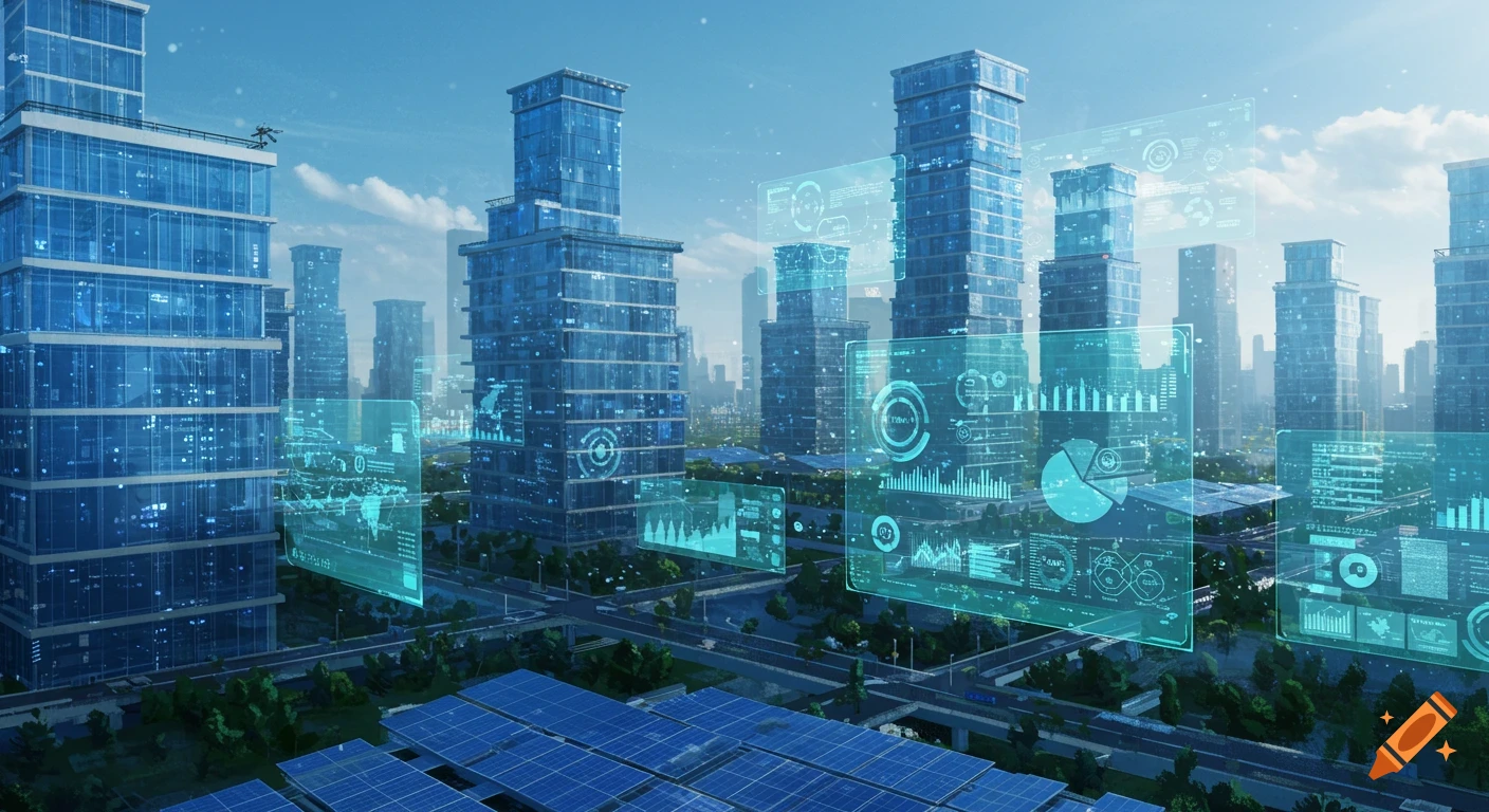 A futuristic city skyline with glass skyscrapers, solar panel arrays, and floating holographic data displays.