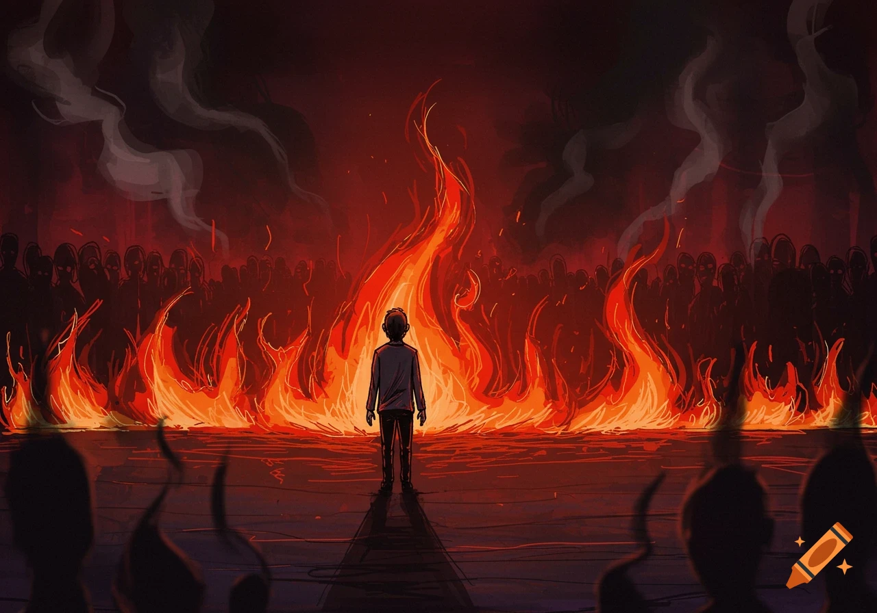A lone figure stands before a towering wall of fire with shadowy figures behind it, in a stylized, dark illustration.