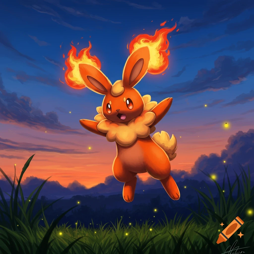 Cartoon illustration of an orange, rabbit-like Pokémon with fiery ears floating over grass against a vibrant sunset sky.